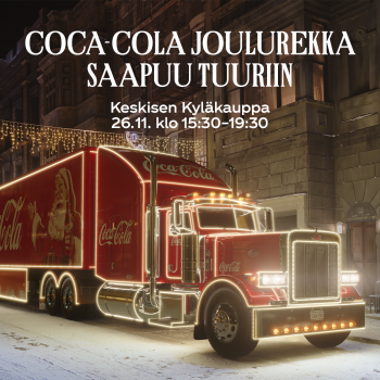 Coca-Cola Joulurekka Keskisen Kyläkaupan Ruokapuodin piha-alueella tiistaina 26.11.2024 klo 15.30-19.30.