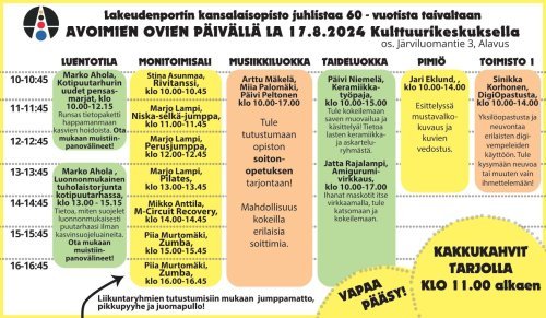 Tervetuloa Lakeudenportin kansalaisopiston avoimien ovien päivään lauantaina 17.8.2024 Alavuden Kulttuurikeskukseen.