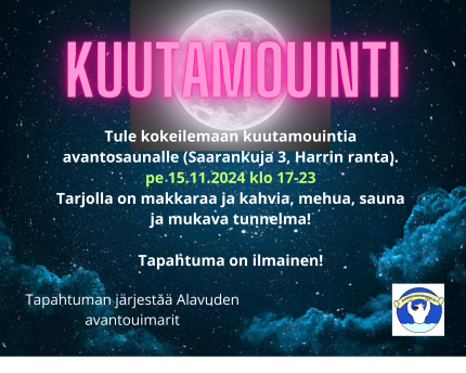 Tule kokeilemaan kuutamouintia avantosaunalle Alavuden Harrin uimarannalle perjantaina 15.11.2024 klo 17-23.