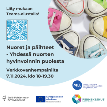 Tervetuloa Nuoret ja päihteet - Yhdessä nuorten hyvinvoinnin puolesta verkkovanhempainiltaan torstaina 7.11.2024 klo 18.00-19.30. Tilaisuuteen on mahdollista osallistua kotoa käsin Teams-yhteydellä.