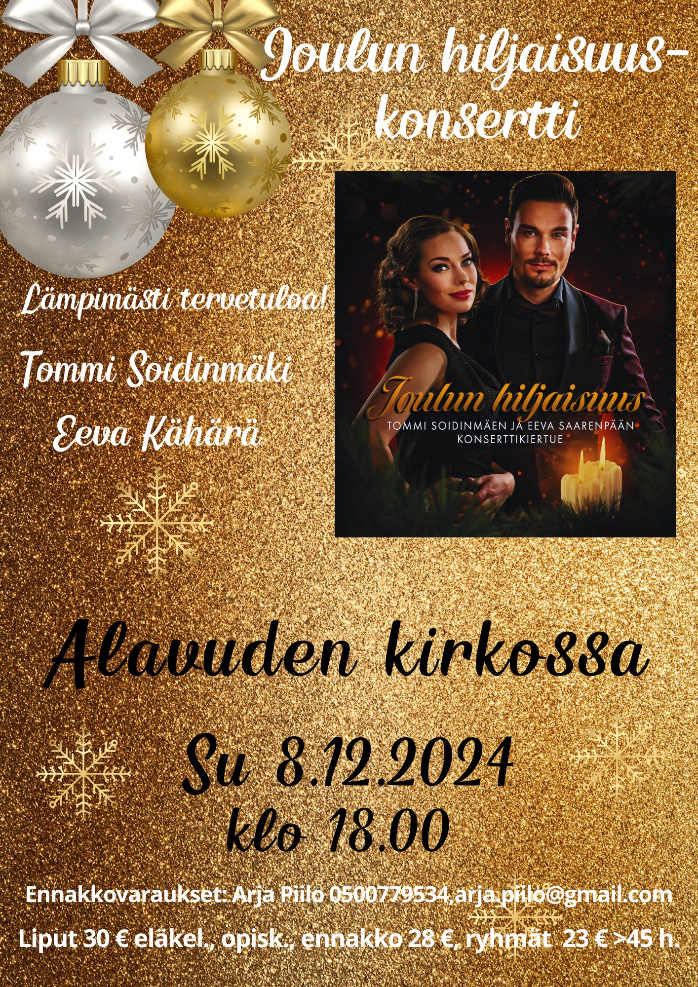 Tommi Soidinmäen ja Eeva Kähärän konserttikiertue saapuu Alavuden kirkkoon sunnuntaina 8.12.2024 klo 18.00.