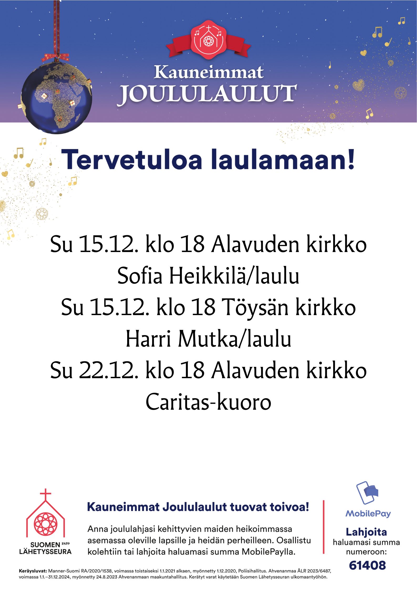  Tervetuloa laulamaan yhdessä joululauluja sunnuntaina 15.12.2024 klo 18 Alavuden tai Töysän kirkkoon.