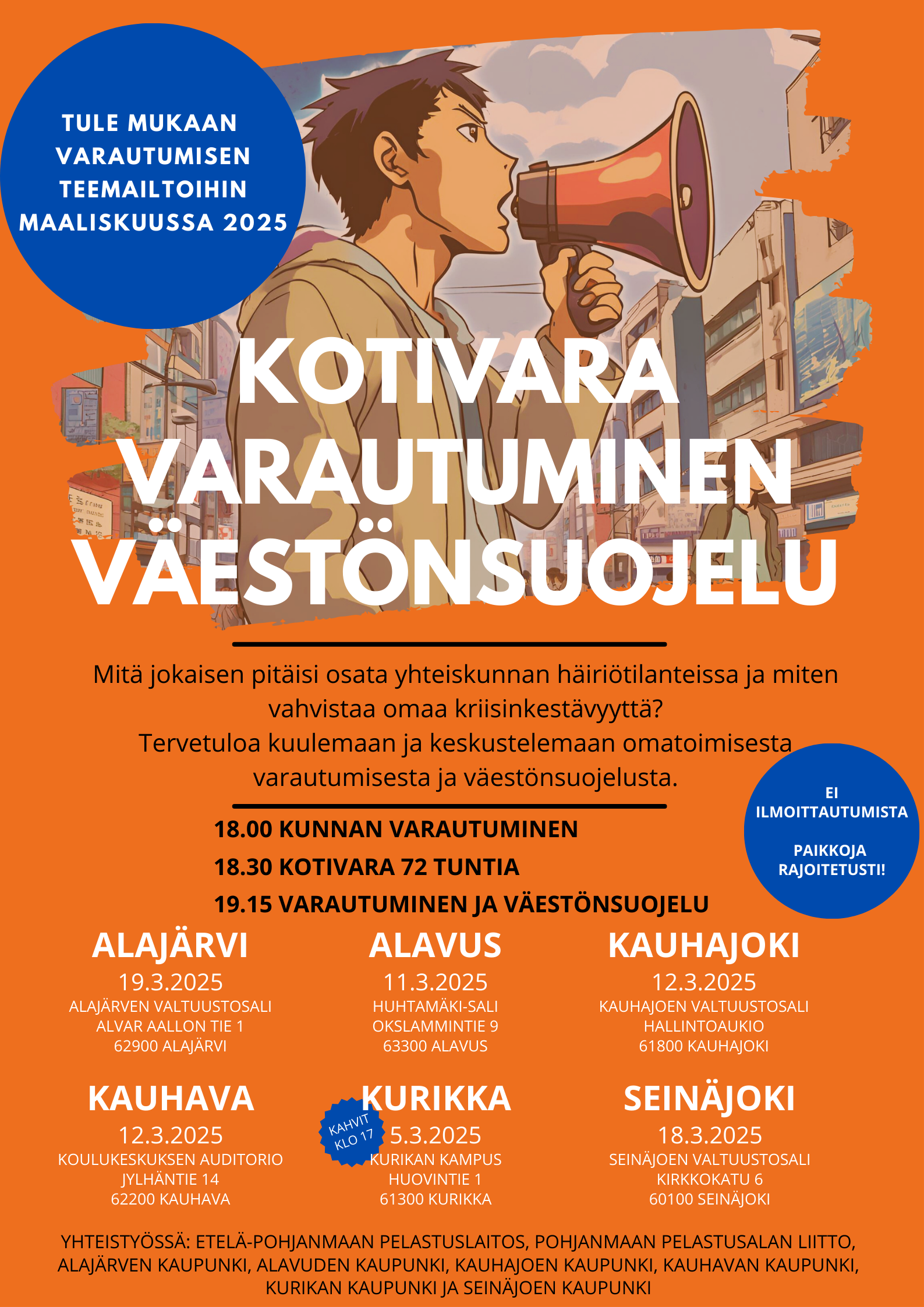 Kotivara, varautuminen ja väestönsuojelu -teemaillat Etelä-Pohjanmaalla maaliskuussa 2025.